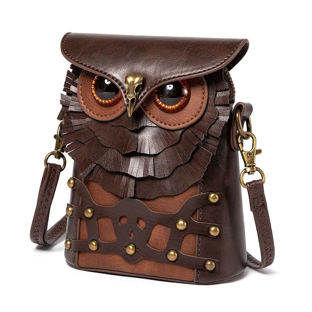 Steampunk Cat Owl Mini Pu Shoulder Bag With Floral Embellishments And Magnet Closure For Casual Days