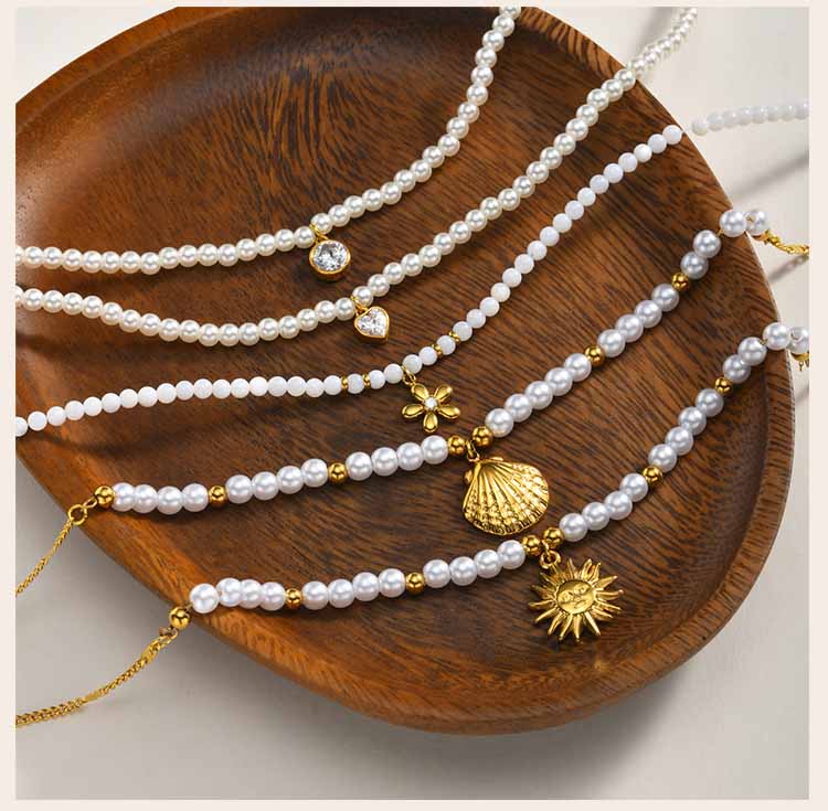Pearl Beaded Pendant Necklace Stainless Steel 18K PVD Gold Plated Waterproof Tarnish Free Sun Shell Heart Zircon Choker Jewelry