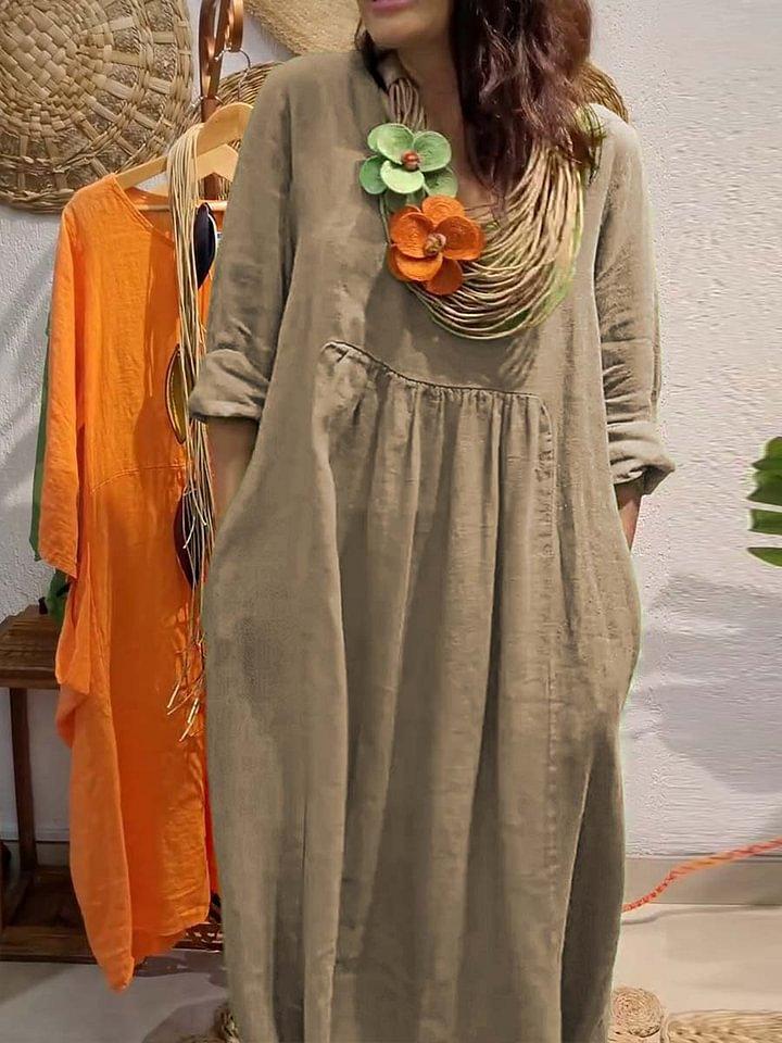 2026 New Independent Station Women's V-Neck Casual Solid Color Cotton and Linen Dress