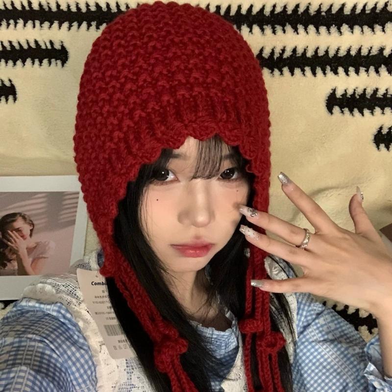 Christmas Winter Wool Tassel Knitted Ear Protection Hat For Women Winter Warm Crochet Earmuffs Caps Girl Pullover Beanie Bonnet