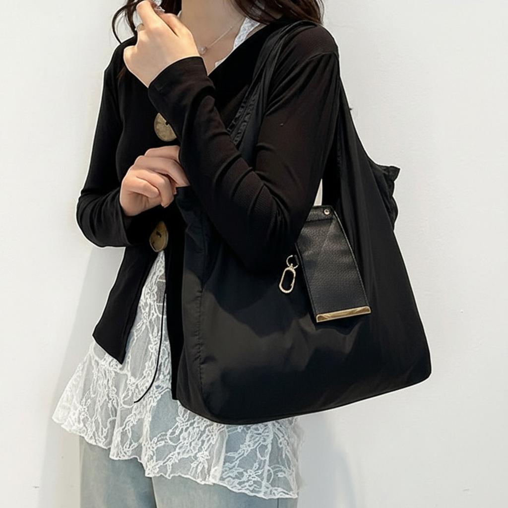 PU Leather Foldable Tote Bag with Key Ring Keychain Tote Handbag Large Capacity Collapsible Travel Storage Bag for Daily Errands