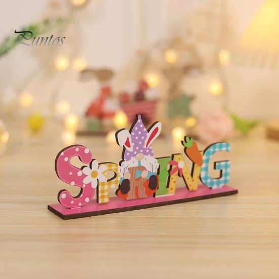 Ornamento pasquale in legno dai colori vivaci, motivo a gnomo con fiore e coniglio, decorazione da tavolo per la casa e le feste.