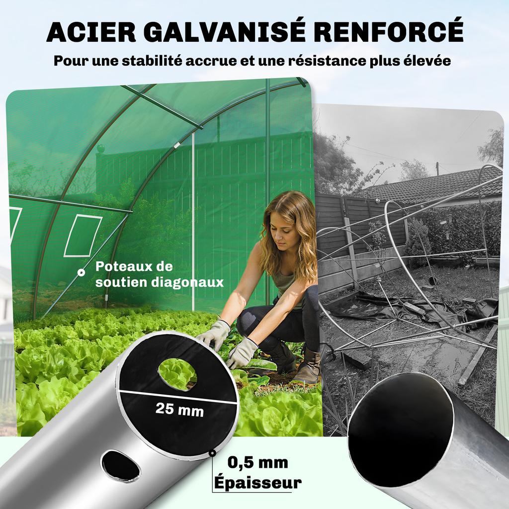 Garden Tunnel Greenhouse Vegetable Greenhouse Galvanized Steel diameter 25mm and Reinforced Structure 395x595x199cm Green