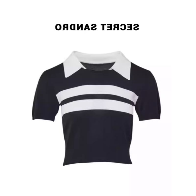 

Чжан Ииюань Женская одежда Тот же стиль Футболка Oreo с коротким рукавом Женская Летняя Ледяной шелк Короткий трикотаж Винтажные полосатые топы Black M