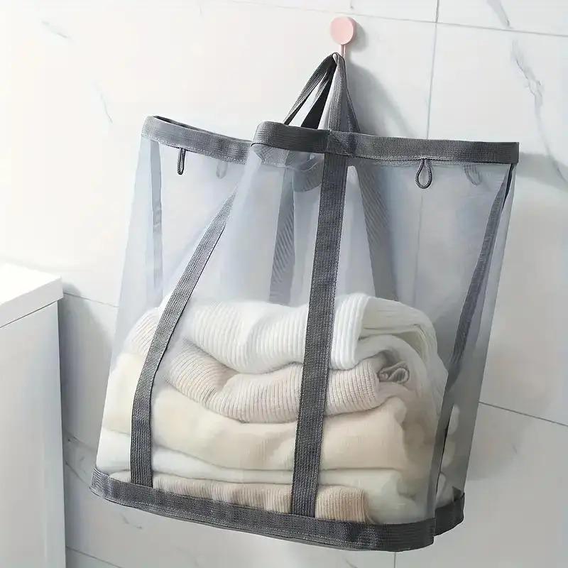 1pc Foldable Mesh Laundry Basket with Handle Breathable Folding Portable Dirty Clothes Organizer Bags Large Capacity Storage Bag
