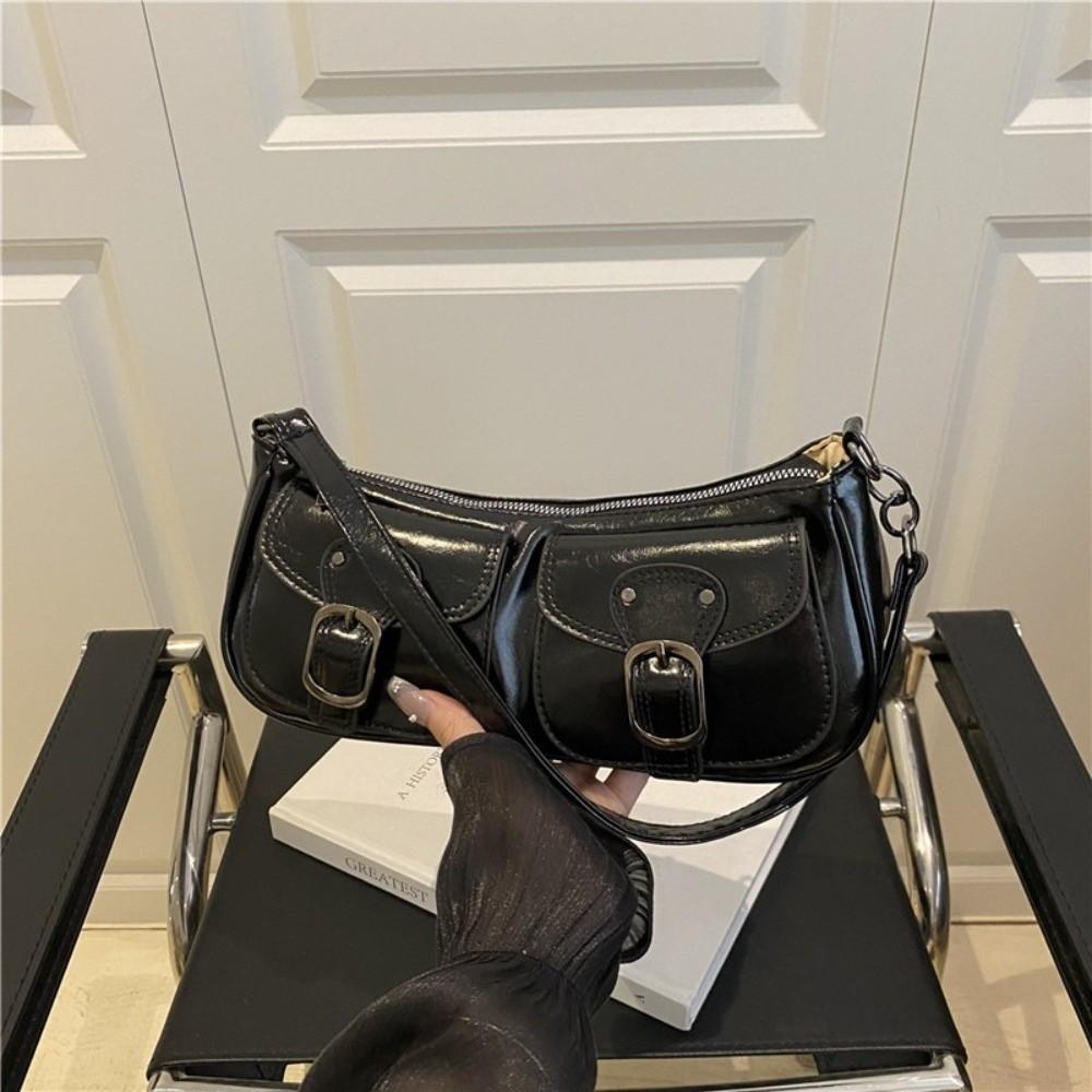 Double Pockets Women's Armpit Bag Vintage Zipper Handbag Trendy Pu Leather Shoulder Bag  Female
