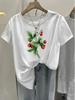 Women's White Strawberry Floral Print T-Shirt Fit Casual Everyday Top with Round Neck Harajuku Sleeve Casual Aesthetic Clothes