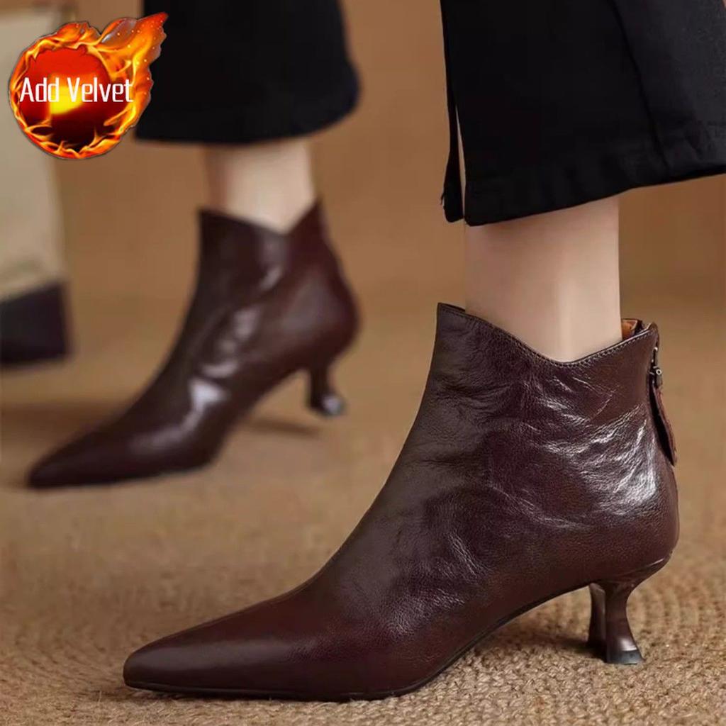 Fashion Elegant with Medium Heels Booties Autumn Winter Fleece-Lined Female Short Shoes Pointed Toe Leather Chelsea Women's Ankle Boots