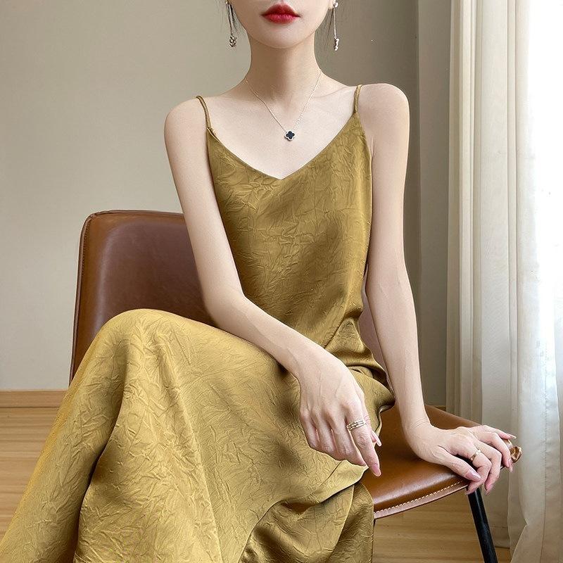 Light Luxury High-end Style Printed Satin Suspender Dress Women's New Temperament New Chinese Acetic Acid Dress