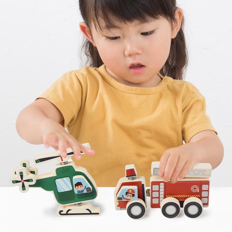 Traffic Vehicle Buckle Style Assembly Blocks, Wooden 3D Puzzle,  Fire Truck, Ambulance, Police Car, Helicopter Puzzle, As Gift