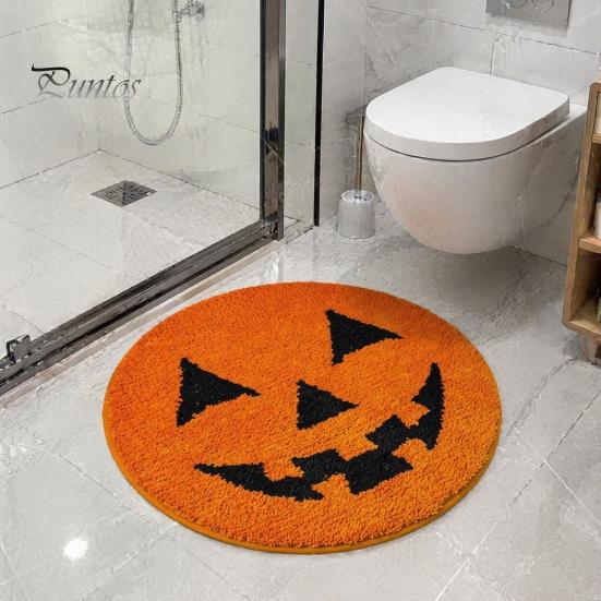 Cozy Soft Bedroom Accent Mat Halloween Pumpkin Bath Mat, Bathroom Rug with Non-slip Backing, Non-shedding Flocking Absorbent Black Cat for Home