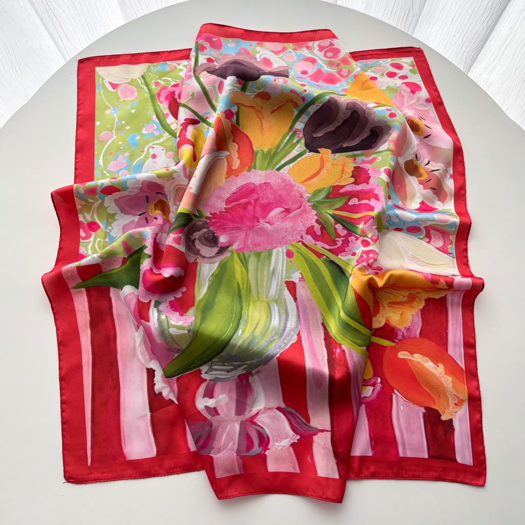 Floral Printed Square Scarf For Women Color Imitation Silk Scarves Bandanas Luxury Hijab Neckerchief Elegant Beach Shawl Wraps
