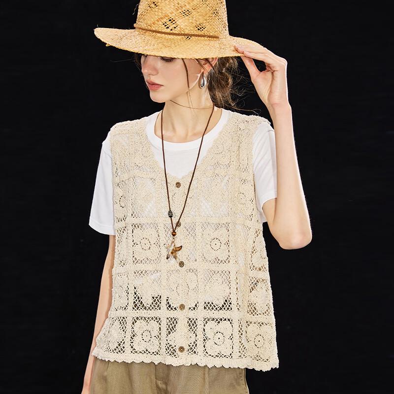 Cotton Blend Hollow Crochet V-Neck Vest Cover-Up
