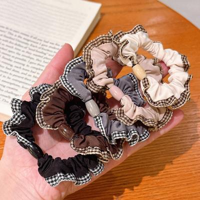 5Pcs Hair Ties High Elasticity Double-Layer Plaid Lace Seaming Hair Ropes Retro French Style Soft Fabric Hair Accessories