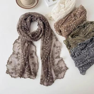 Versatile Retro Women's Lace Scarf Korean Version of Literary Long Neck Protection Scarf Embroidered Flower Female Headscarf