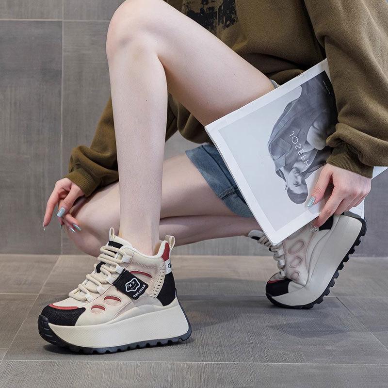 High-top Casual Sports Shoes for Women's Autumn and Winter New Thick-soled Heightening Small Color Matching Velvet Thickened Dad Shoes