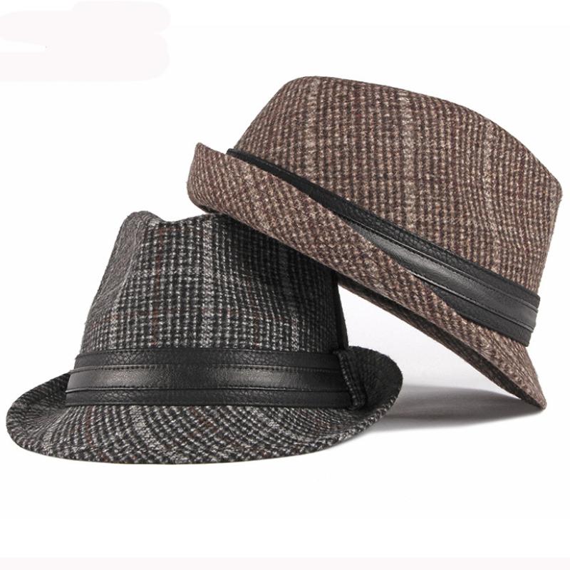 Freedom Outdoors Men's Coffee Ht2774 Fedoras Autumn Winter Hat Caps For Vintage Plaid Wool Hat Retro Gentleman Black Band Fedora Hat Trilby Jazz Hat 56-58Cm