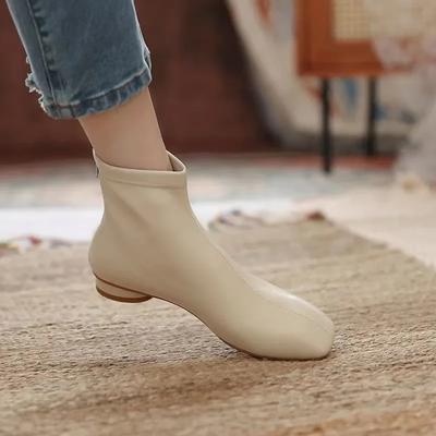 Damenmode Weiche Leder Stiefeletten Eckige Zehenpartie Runder Mittelhoher Absatz Reißverschluss Mode Kurzer Stiefel Herbst Winter Damenschuhe Beige Retro Stiefel