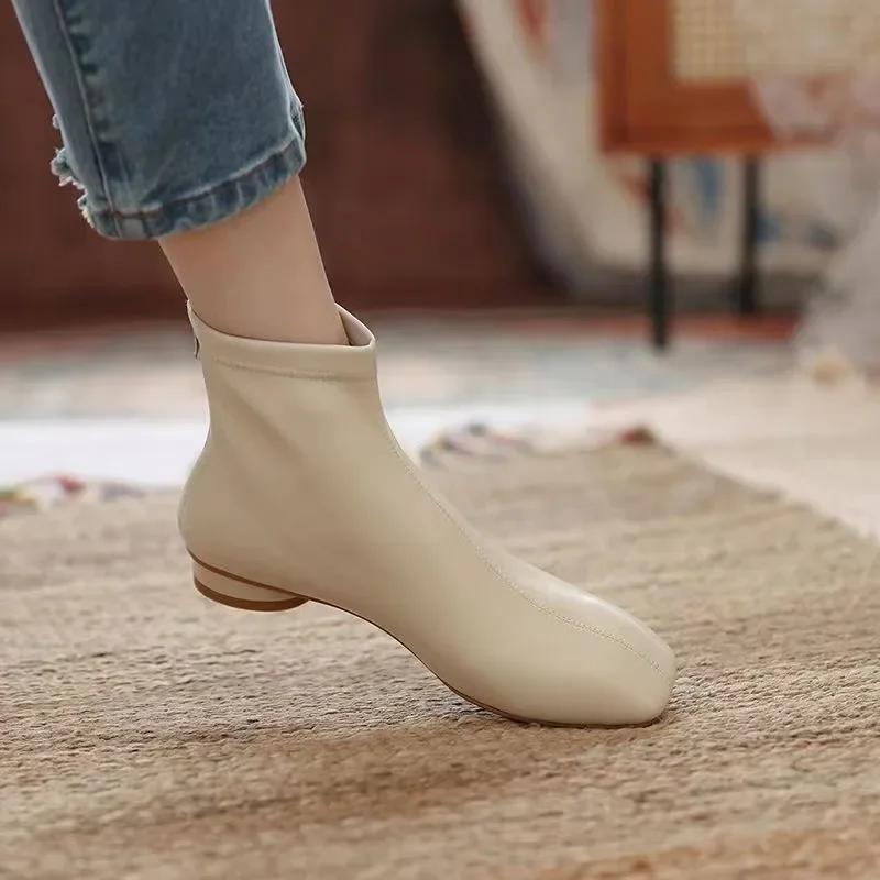 Fashion Women Soft Leather Ankle Boots Square Toe Round Mid Heel Zipper Fashion Short Boot Autumn Winter Ladies Shoes Beige Retro Boots