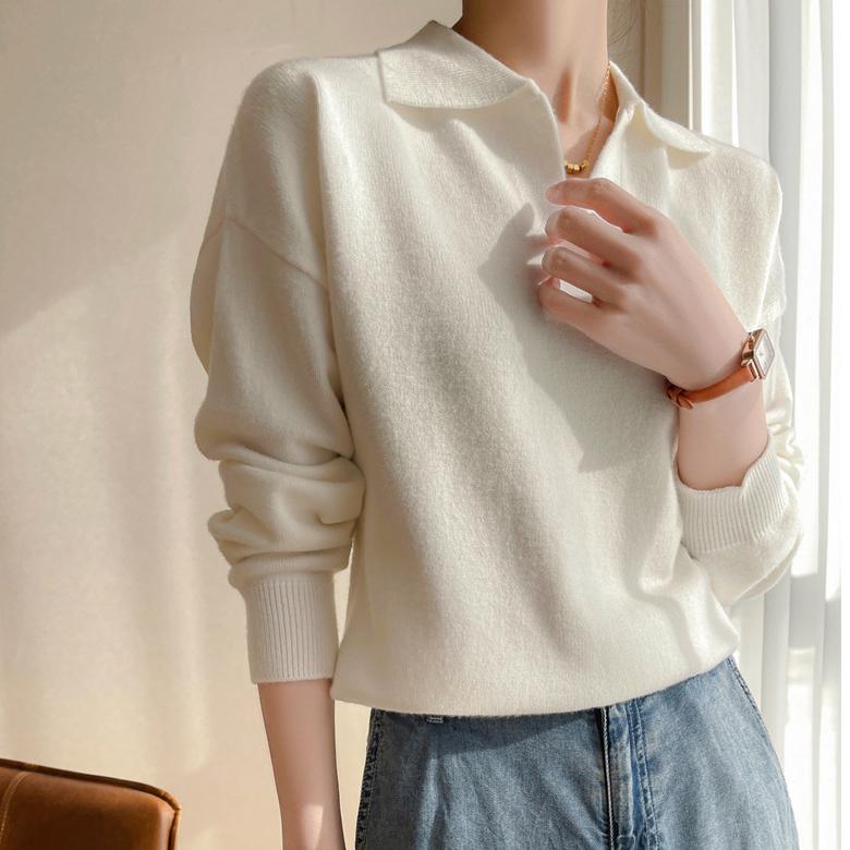 POLO-Kragen Strickpullover Damen Herbst und Winter Modischer Lockerer Pullover Vielseitiger Einfarbiger Freizeitpullover