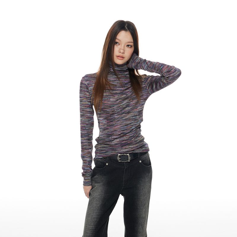 Blue Muzi Thelight Color Horizontal Stripes High Collar Slim Fit Long Sleeves T-shirt Fall and Winter Tight Stretch Base