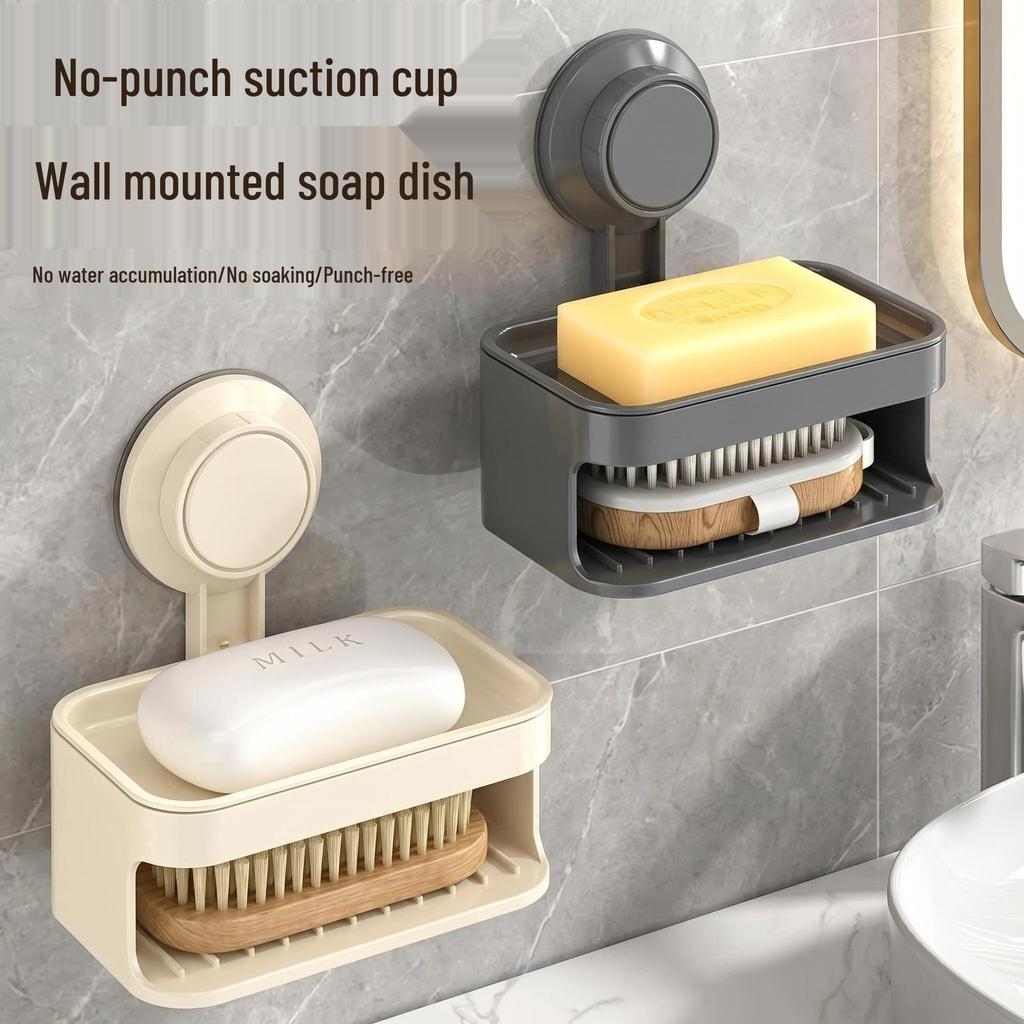 Suction Cup Double-Layer Wall-Mounted Soap Dish with Drainage