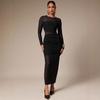 European and American New Round Neck Mesh Stitching Solid Color Slim-fitting Hip-wrapped Pleated Edge Women's Long Group