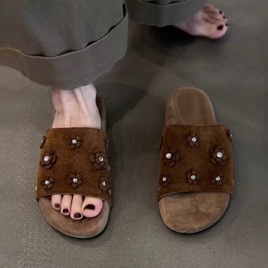 Keep version~ Fashion soft leather flower open-toed cool slippers women's summer new thick-soled outer wear anti-velvet versatile sandals