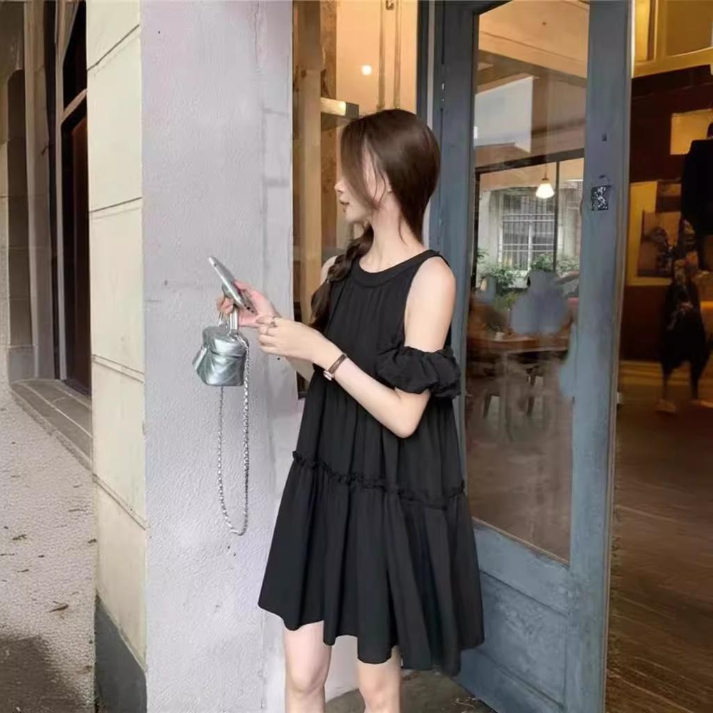 Sweet round neck off-the-shoulder short-sleeved dress for women's summer new gentle wind age-reducing a-word skirt ins