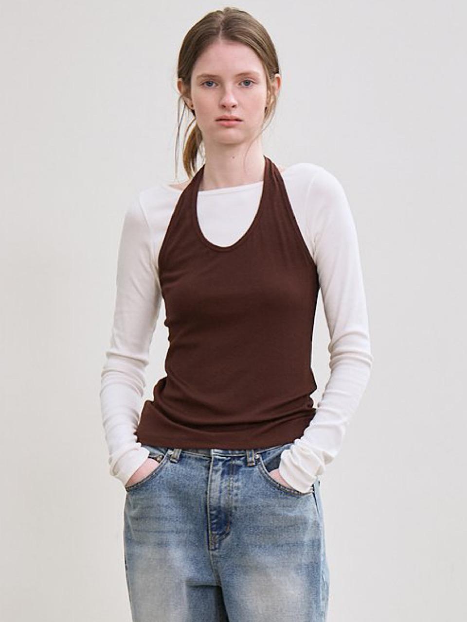 Le Ribbed Halter Top (Brown) Free