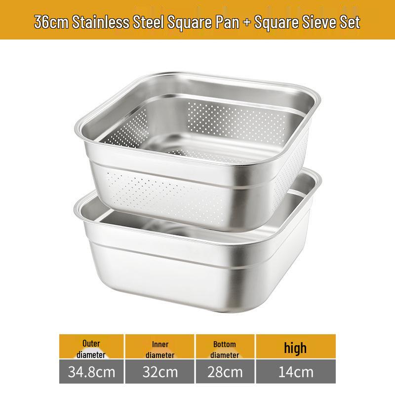 Large 304 Stainless Steel Colander with Lid - Square Vegetable Washing and Oil Draining Basin
