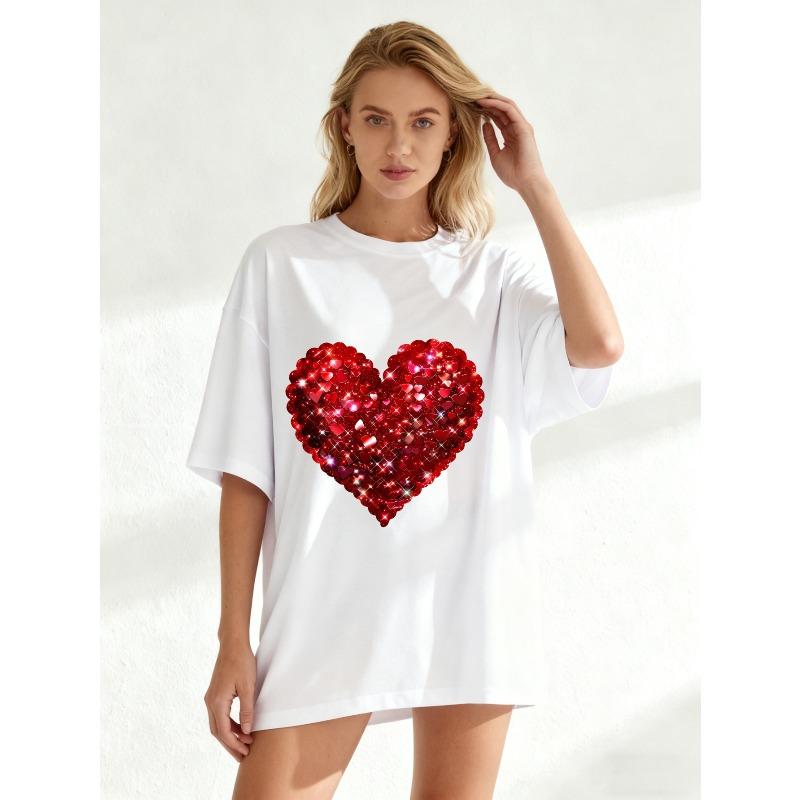 Black Oversized T Shirt With Red Sequin Heart Print For Casual Wear And Party Outfits