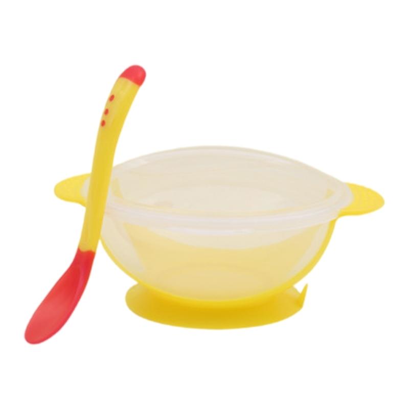 Infant Feeding Bowl Strong Suction Base with Temperature Sensing Spoon Safe for Baby Learning To Eat Independently