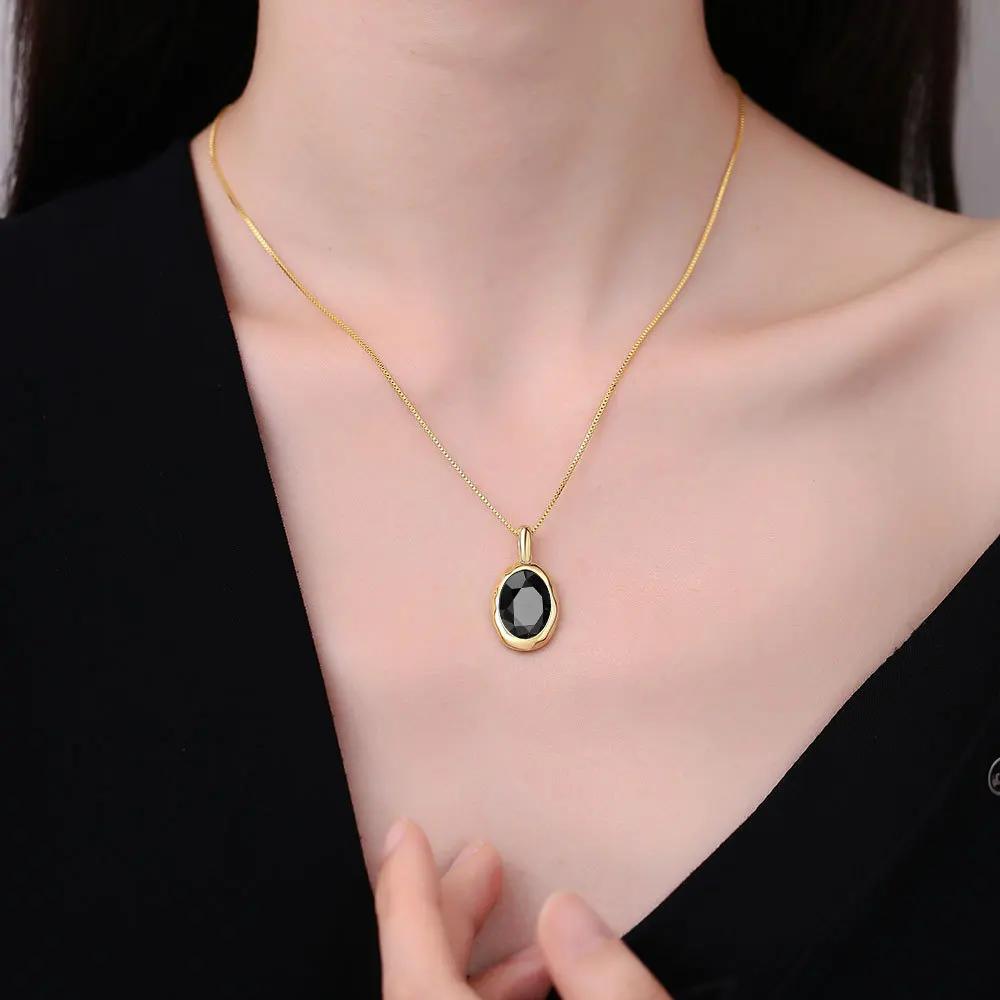 Lihong S925 Sterling Silver Electroplated 18k Gold Obsidian Clavicle Chain Exquisite Gift Women's Pendant Necklace (40cm+5.0cm)