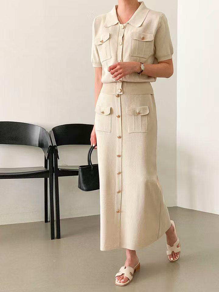 Cross-border Spring High-end Knitted Suit Fashion Polo Collar Buttons + Slim-fit Medium and Long Skirt Knitted Two-piece Set for Women