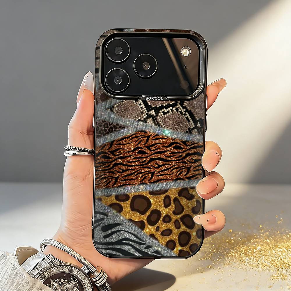 L-Luxury F-Fashion leopard Print Phone Case For iPhone17 16 15 14 13 12 Pro Max Grey Black Matte Laser Metallic Aurora Funda