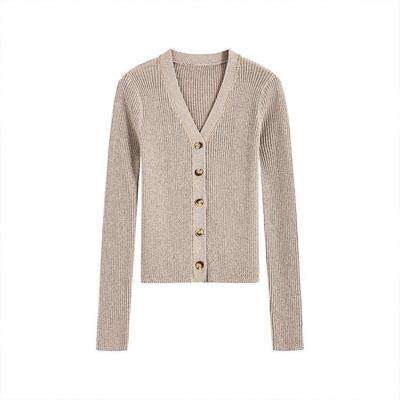 Apricot V-neck Knit Cardigan Women's Slimming Sweater Jacket - Autumn/Winter Outerwear Top