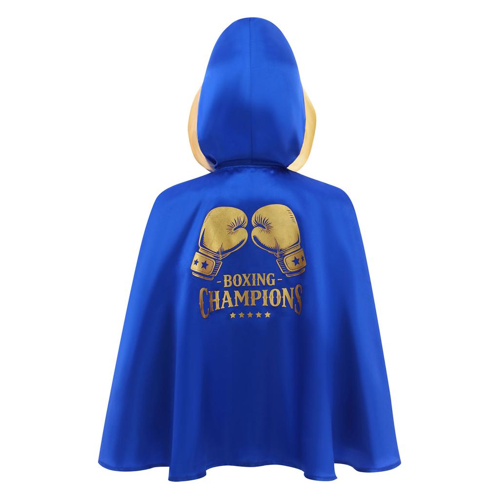 Kids Boys Girls Boxing Costume Halloween Cosplay Cloak Open Front Metallic Trim Letter Printed Back Hooded Boxer Robe