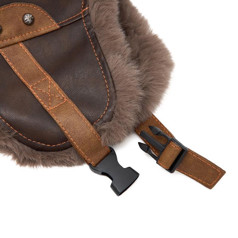 PU Pilot Bomber Hat Men Autumn Winter Warm Plush Thick Cycling Windproof Ear Protection Cap