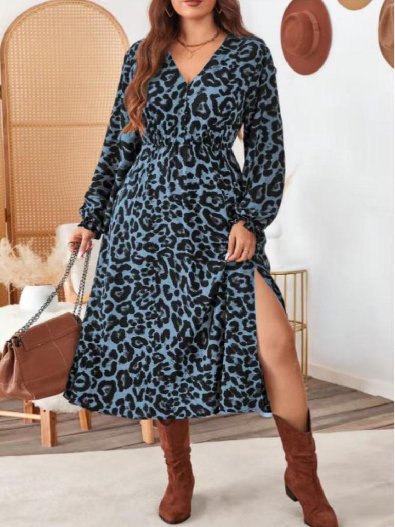 Elegantes Übergrößen-Leopardenmuster-V-Ausschnittkleid für Frühling & Herbst