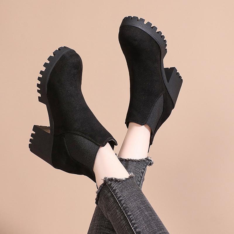 Spring And Autumn  Fashion Temperament Thick heel plush thick sole Women's British Syle Frosted Leather high-heeled Boots