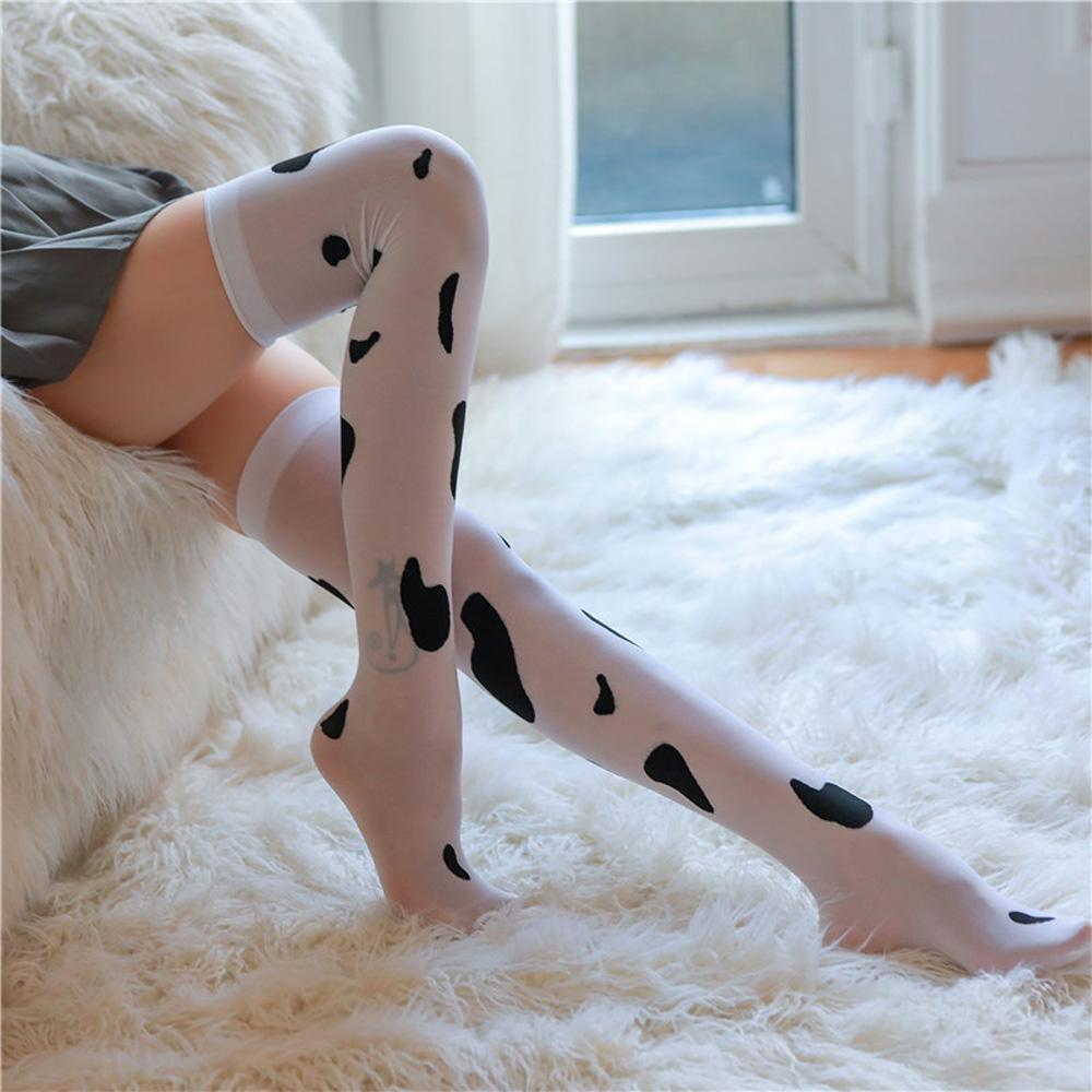 

Cute Women Kawaii Thigh High Stockings Cow Printed Pantyhose Cosplay Stockings Cow Spots Printed чорний/білий