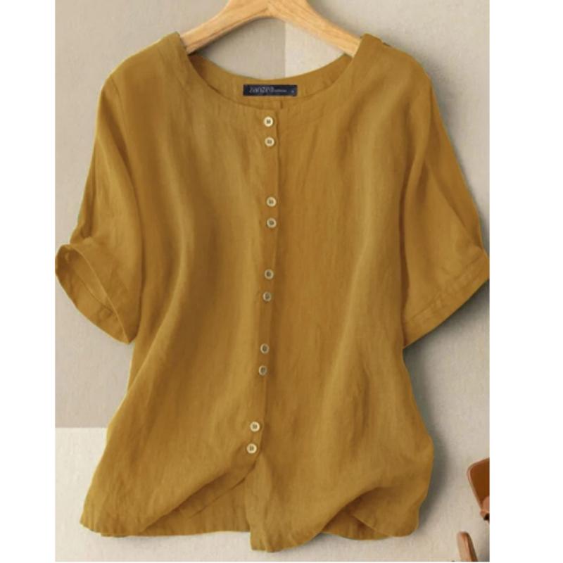 Summer Casual Loose Tunic Tops Women Vintage OL Shirt O Neck Short Sleeve Blouse Solid Cotton Blusas Buttons Down Chemise