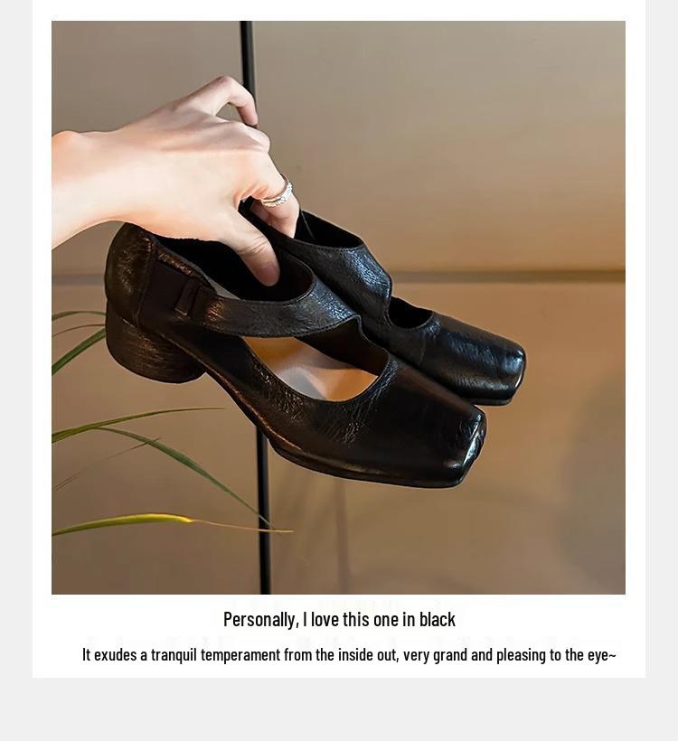 Grape Mom Studio Kadınlar için Yüksek Kaliteli At Derisi Kare Burun Kalın Topuk Deri Loafer - Sonbahar Stili