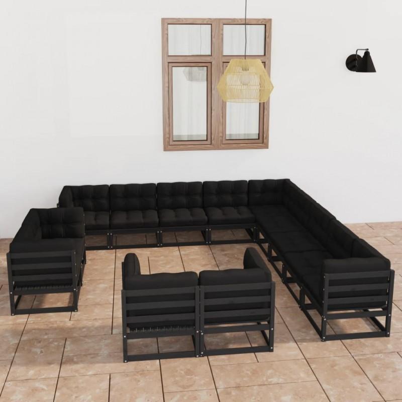 Día y Noche - Día y Noche Set de muebles de jardín 13 pzas con cojines madera pino negro
