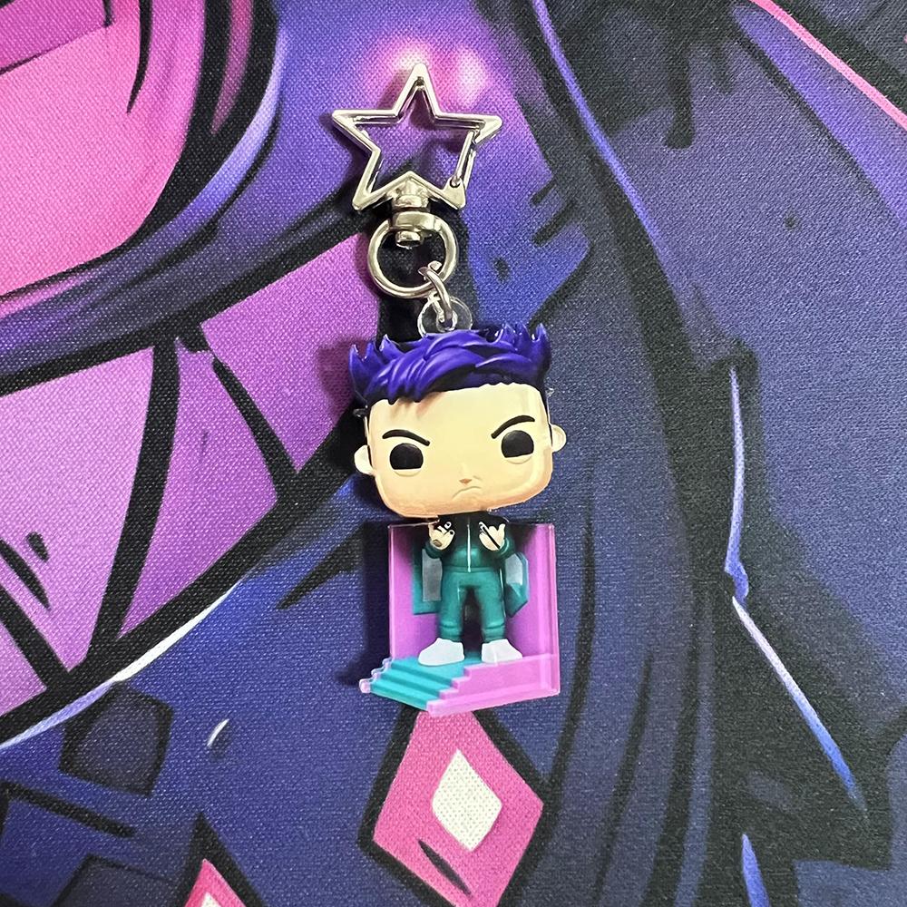 2D cartoon purple haired boy acrylic keychain