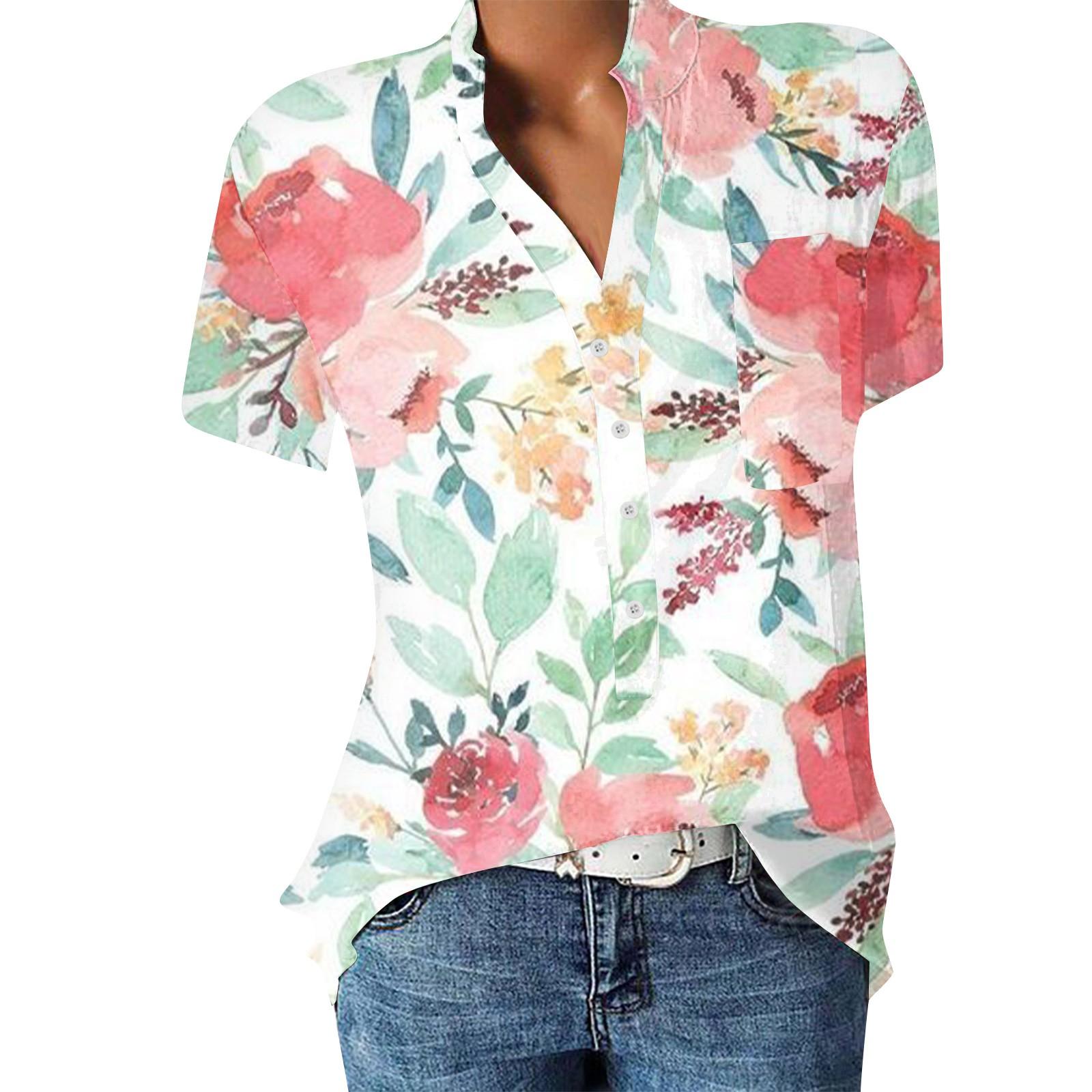 

Женская повседневная рубашка с v-образным вырезом и короткими рукавами с принтом, пуловер, свободная блузка, топы L розовый