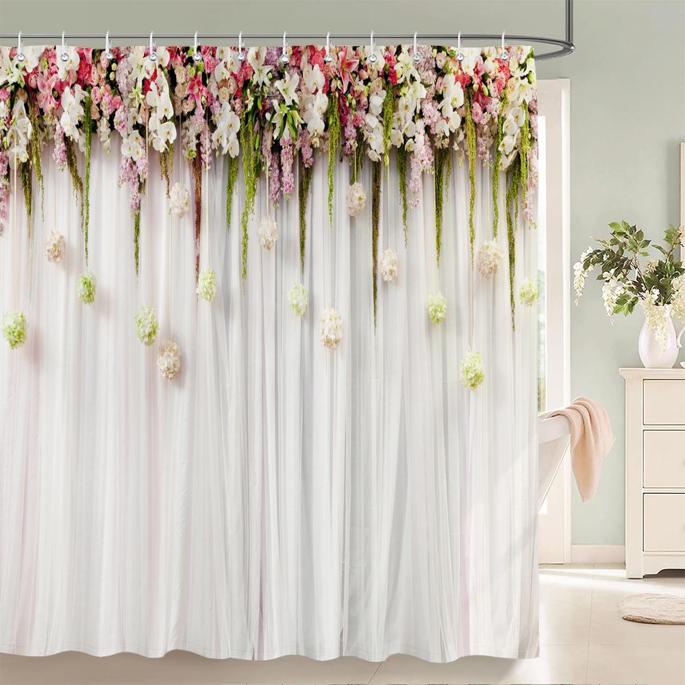 Home Shower Curtains For Bathroom Waterproof Fabric Nordic Style Artificial Flower Wall Pattern Bathroom Curtains Shower Curtain