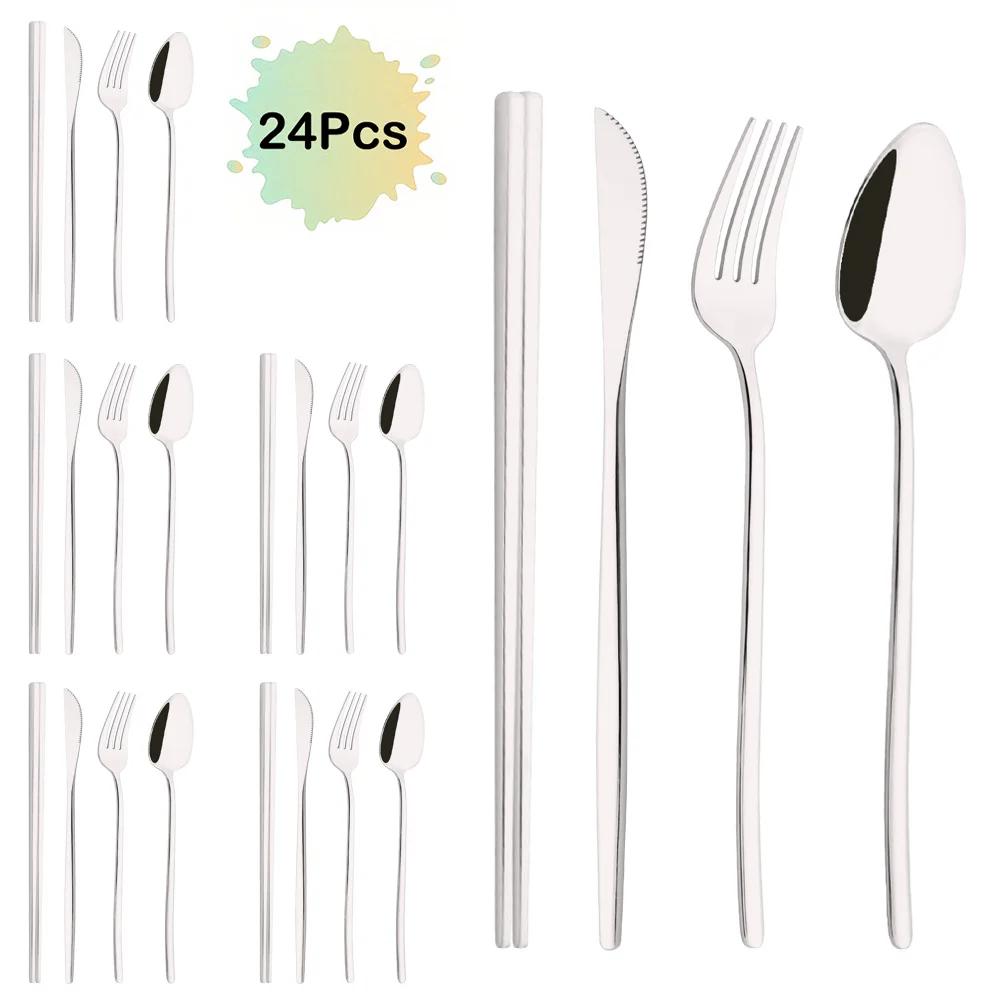 

Набор столовых приборов из 24 предметов: палочки для еды, нож, вилка, ложка, набор столовой посуды, роскошные столовые приборы из нержавеющей стали, корейский набор столовой посуды серебряный