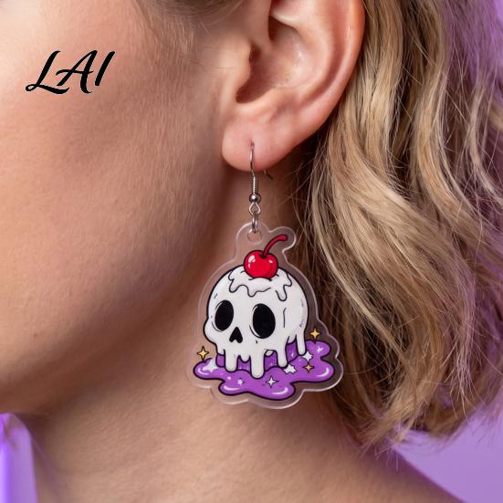 Unique Gothic Dangle 1 Pair Acrylic Halloween Earrings for Women 2D Flat Cute Cartoon Playful Dark Style Ghost Skull Drop Earrings Holiday